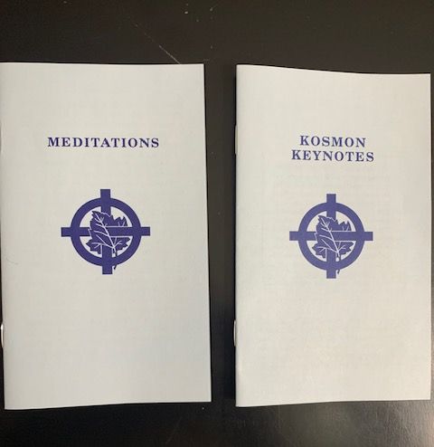 Two pamphlets with the Eloists logo on them, one titled Meditations and the other Kosmon Keynotes.